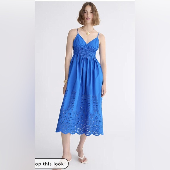 V-neck smocked-waist dress in cotton poplin